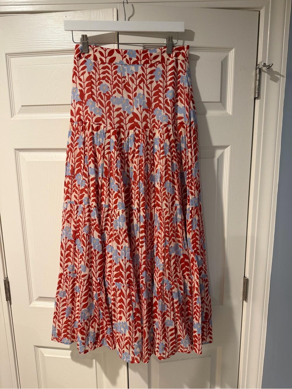 Carolina K Red Floral Tiered Maxi Skirt with Light Blue Accents